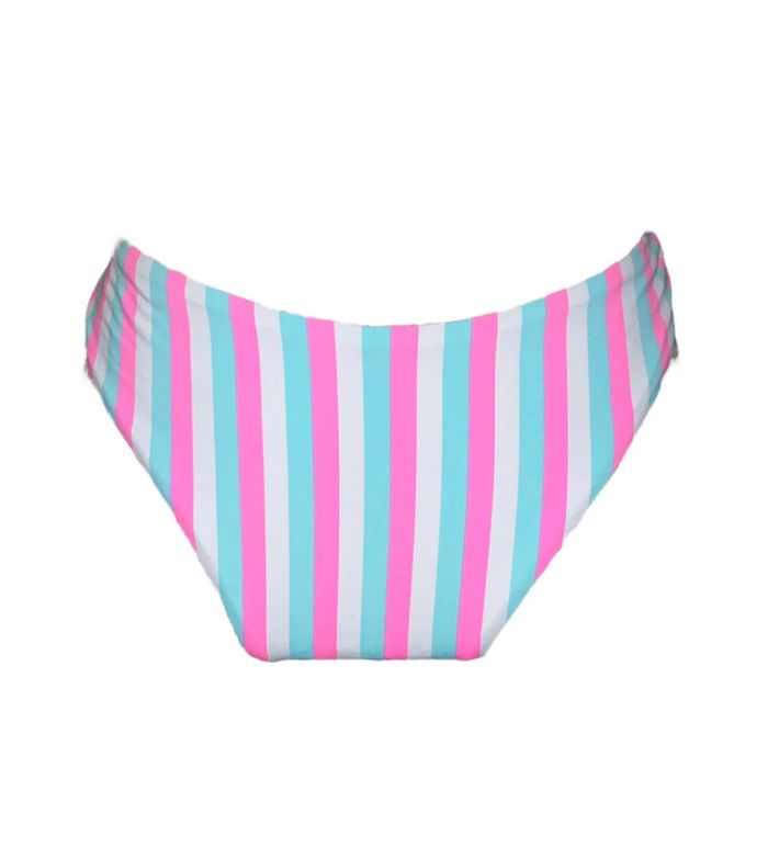 Bas maillot de bain à bandes blanche, bleu ciel et rose fluo coupe brésilienne Ardène Swim Taille XS