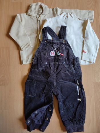 Lot salopette Les bébé sont comme ça + gilet Canari Baby + t-shirt manches longues Boboli en 9M