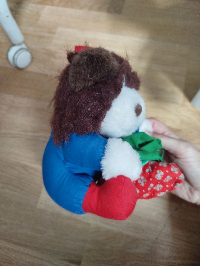 Peluche vintage ours noël bleu et rouge avec hotte - photo numéro 2