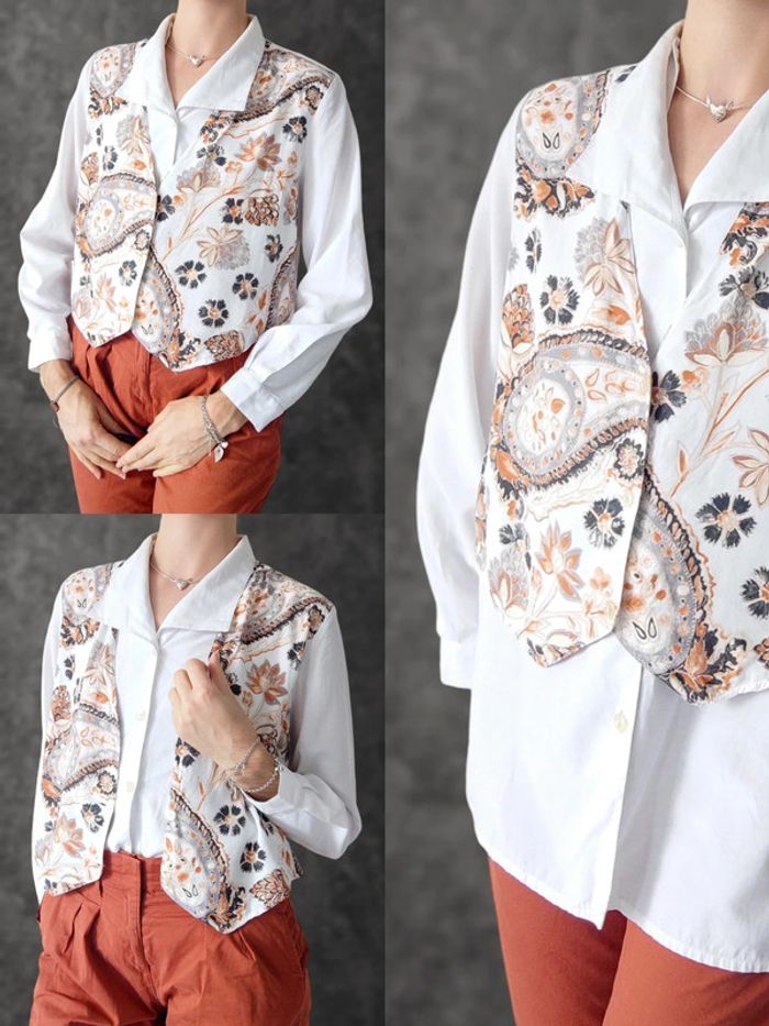 Chemise blanc veston gris orange fleur Paisley 2 en 1 Vintage / C&A New Fast - 38/M à 40L