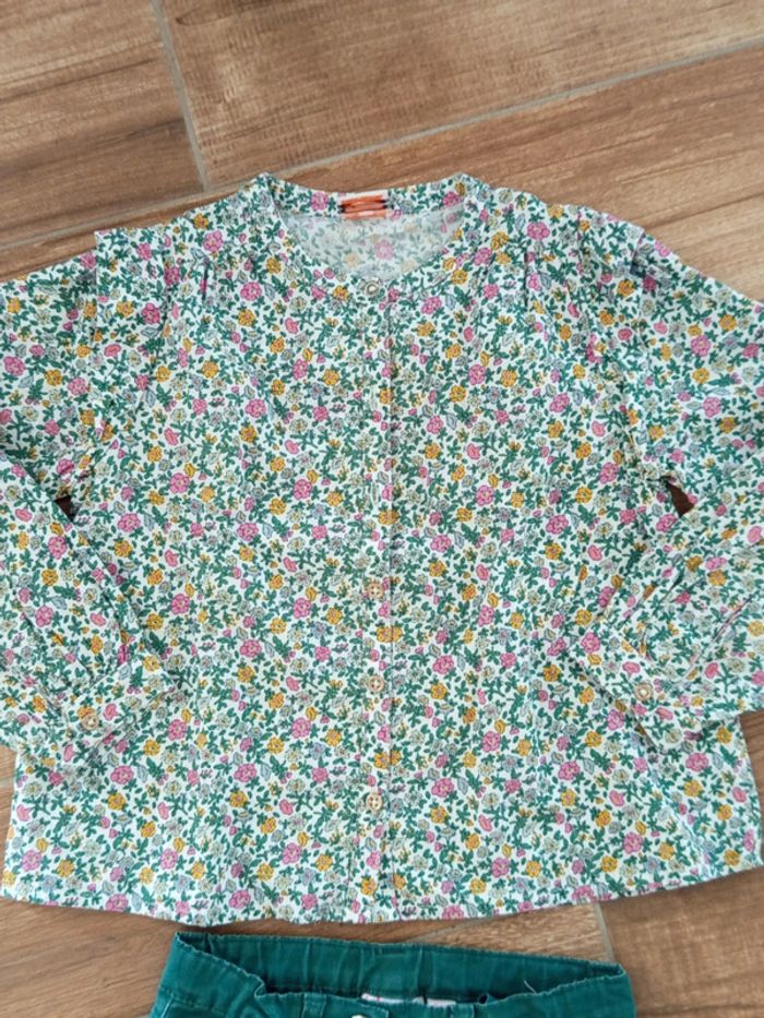 Ensemble 6 ans, jean slim vert bouteille et chemise liberty vert et rose - photo numéro 3