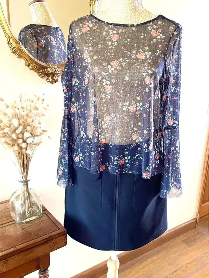 Sublime top fluide floral à manche large en tulle mango taille S - photo numéro 5