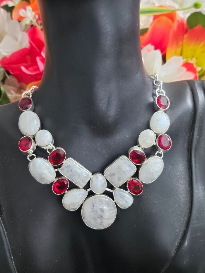 Collier en argent sterling 925 avec pierre de lune arc en ciel et grenat rouge - photo numéro 2