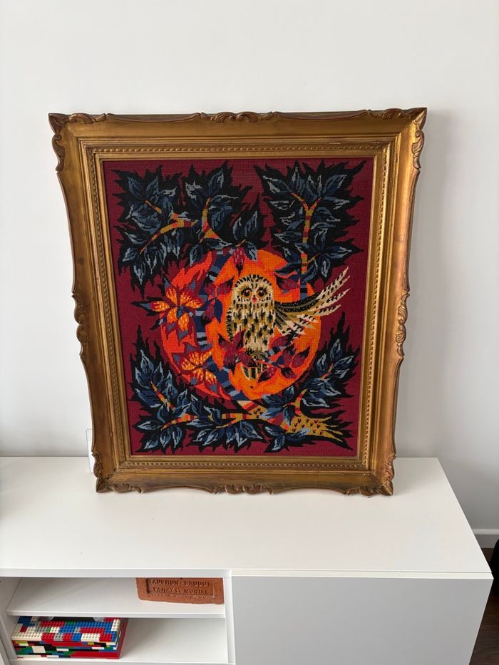 Très grand canevas chouette vintage année 70 selon Jean Lurçat encadrement bois et plâtre - photo numéro 3