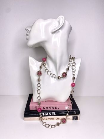 Long collier en perles argent et rose bijou Brigitte 
