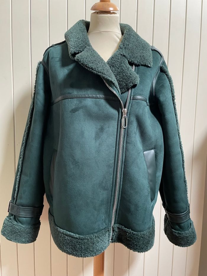 Blouson  en fausse peau retournée vert neuf - photo numéro 4