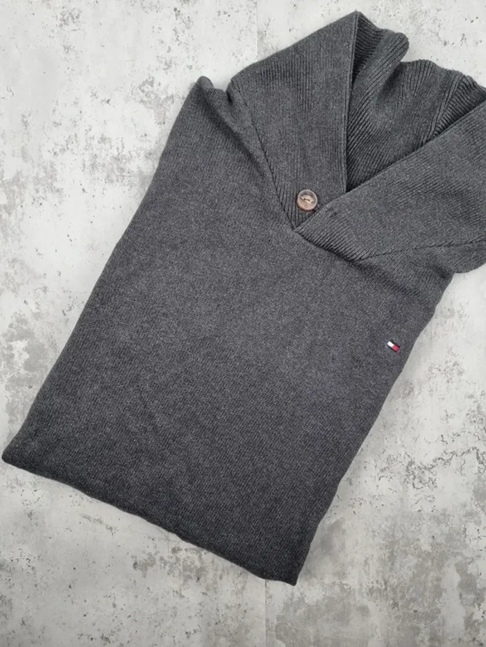 Pull col châle gris Tommy Hilfiger – Taille XL Homme (mesures en photos)