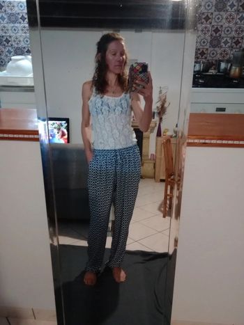 Pantalon fluide femme 44 blanc et bleu c7