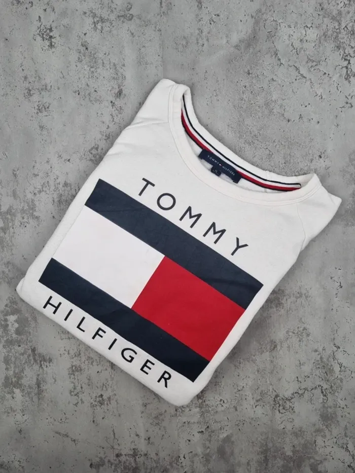 Sweat Tommy Hilfiger blanc – Taille XL Femmes (mesures en photos)