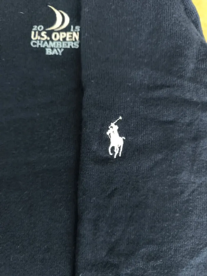 Magnifique pull quart zip laine mérino Ralph Lauren Polo Golf marine logo blanc homme L US Open 2015 - photo numéro 11