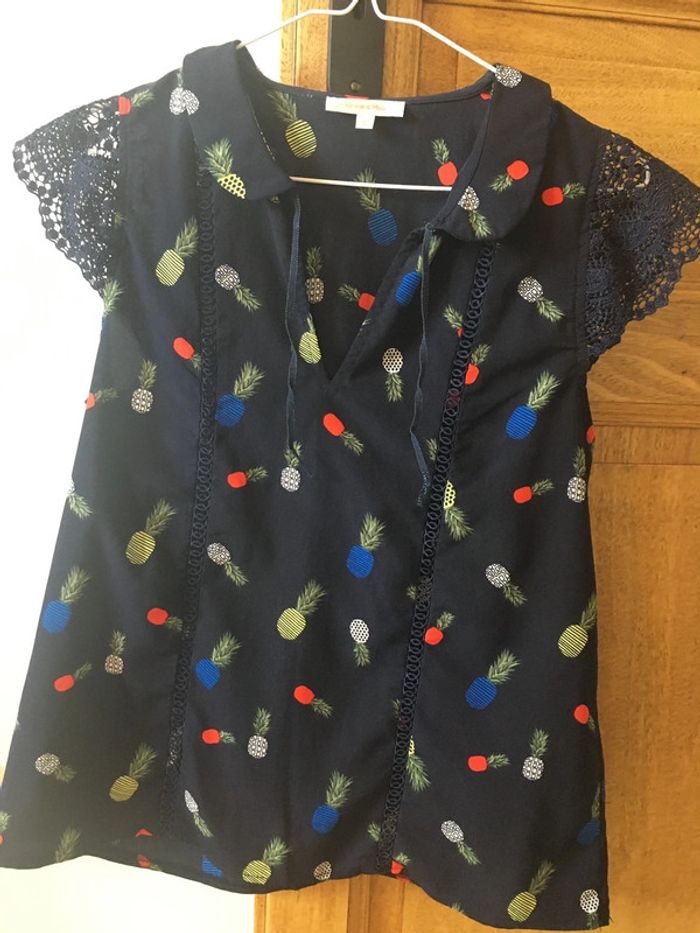 Blouse bleu marine motifs ananas dentelle Grace & Mila - photo numéro 2