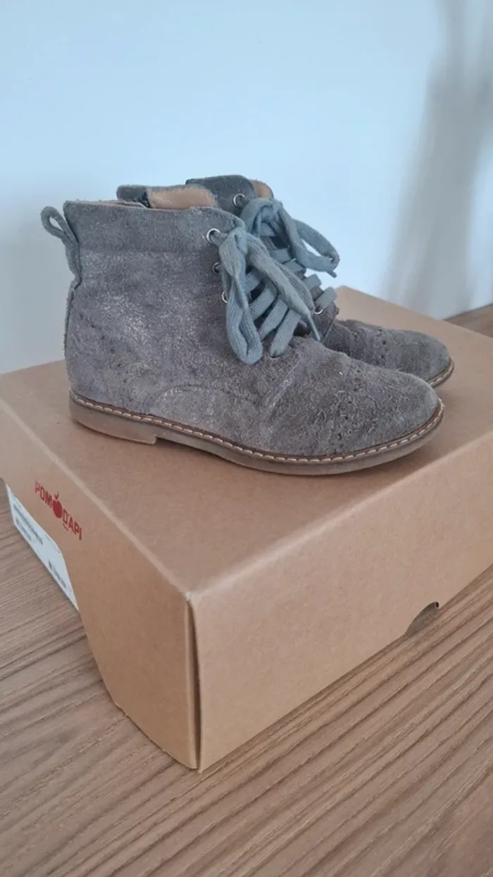 Bottines grises en cuir irisé – Taille 26 – Pom d’Api - Parfaites pour l’automne-hiver