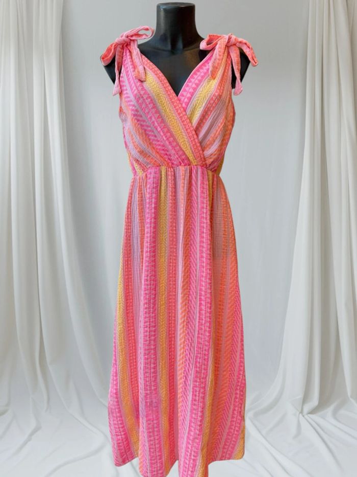 Magnifique robe longue d’été gaz de coton rose rayés orange jaune grande taille 42-46