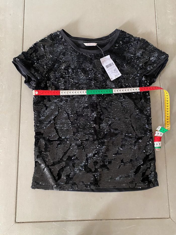 Tee shirt Camaïeu noir à sequins noirs et velours taille S neuf avec étiquette - photo numéro 11
