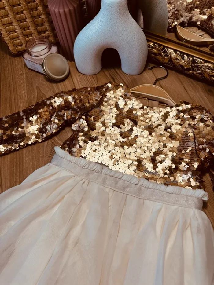 Taille 3-4 ans robe longue créateur fille TAO crème bronze * sequins tulle * 🌸 - photo numéro 3