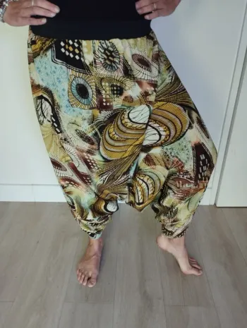 👖 Sarouel fait main – Tons verts & jaunes motifs géométriques – Taille L à XXL
