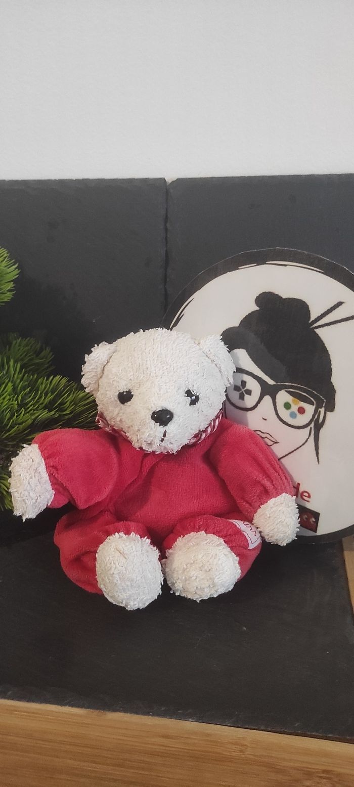 Doudou ours blanc rouge nounours ancien vintage peluche noir bille Carreaux