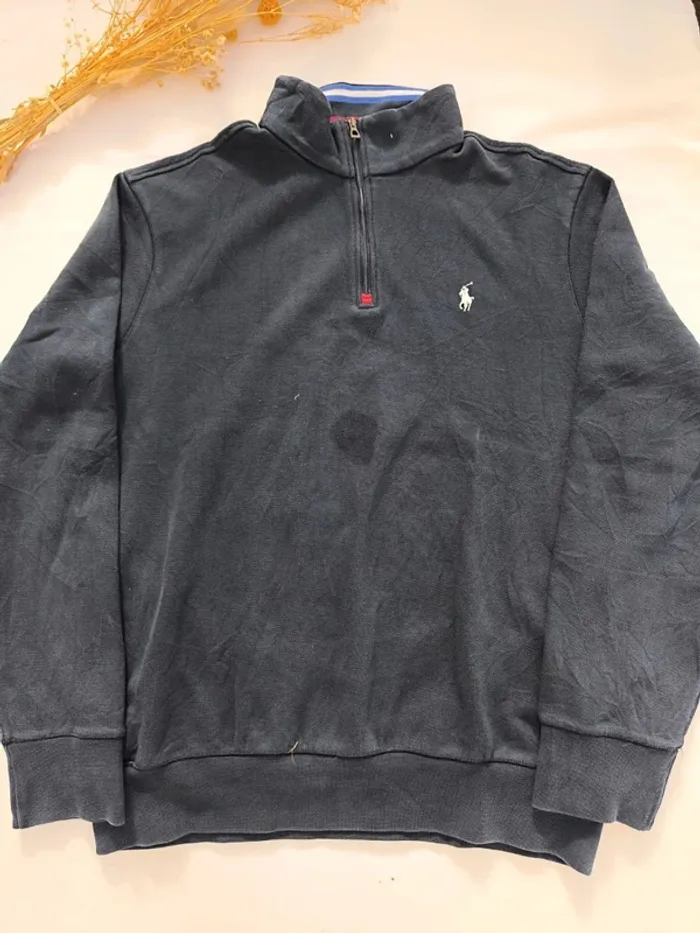 Sweat 1/4 zippé bleu marine logo blanc grosse tâche devant taille M Ralph Lauren homme - photo numéro 2