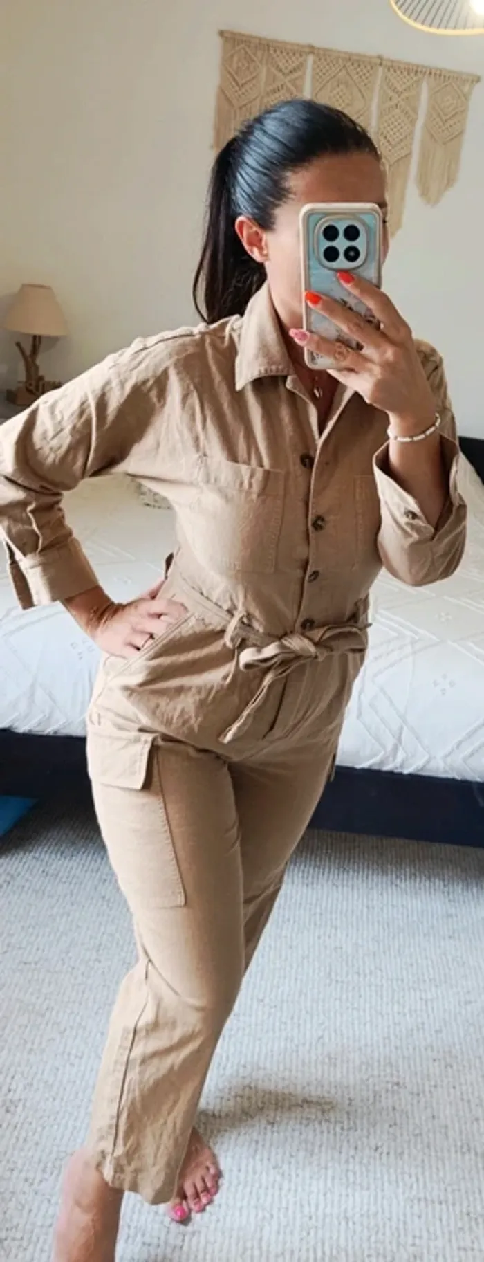 Combinaison H&M 36 beige marron ceinture assortie coton élasthanne - photo numéro 2
