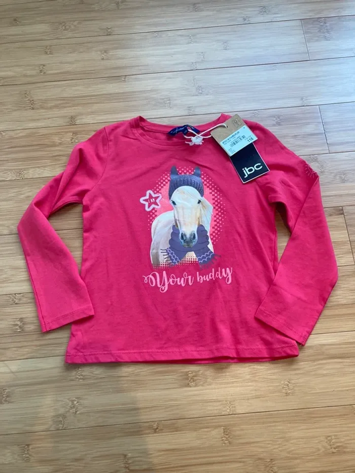 6 ans - T-shirt rose fushia dessin cheval - neuf