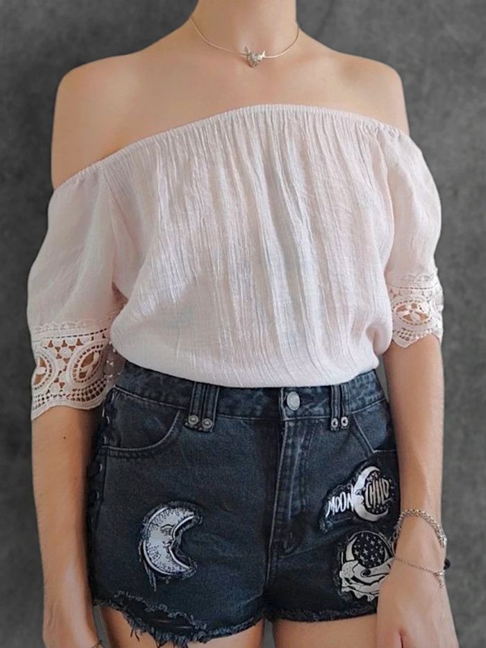 Top épaule dénudé blanc rose pastel dentelle vintage - 36/S à 42/XL - photo numéro 2
