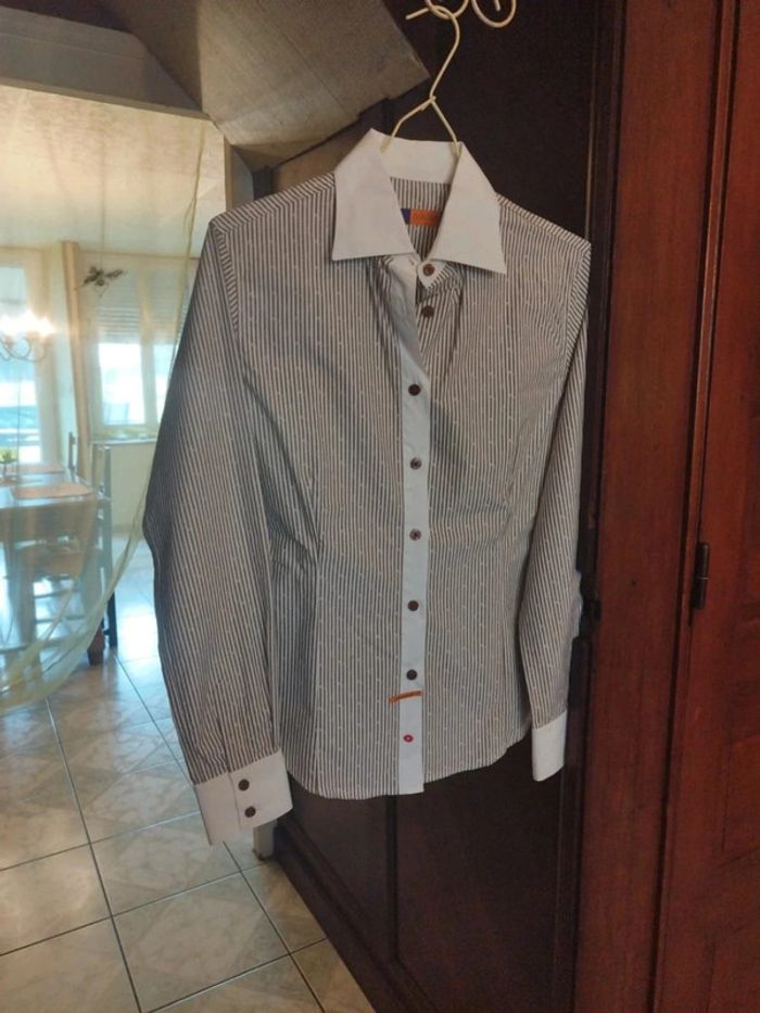 Chemise blanche rayures kiss print lèvres bisou S/36 vintage
