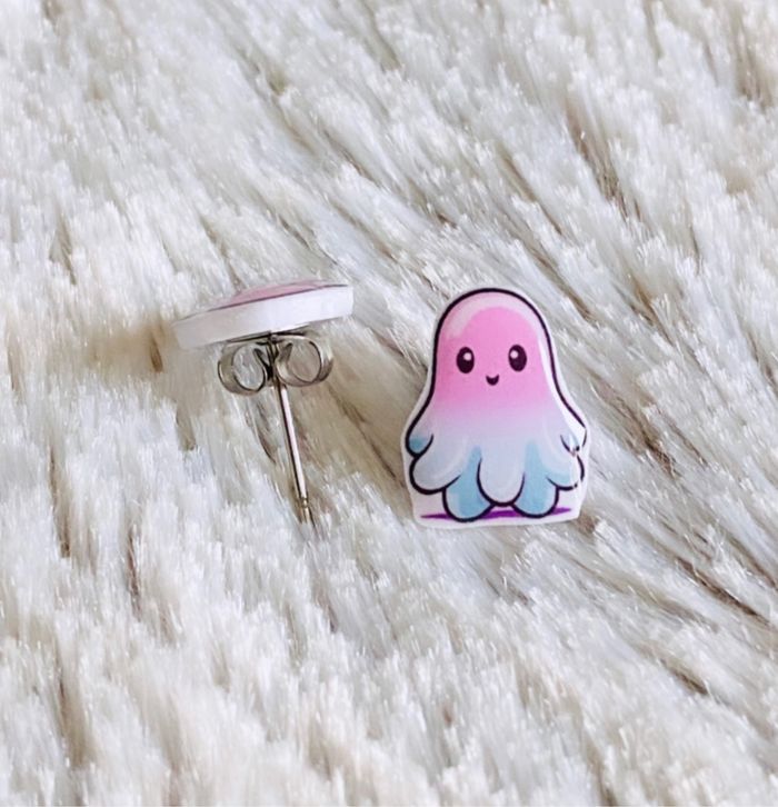 Boucles d’oreilles Fait Main Fantome Rose Bleu Mignon - photo numéro 2