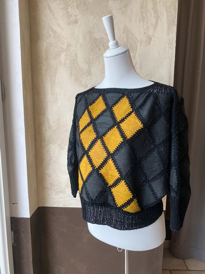 Pull court patchwork en cuir vintage TU