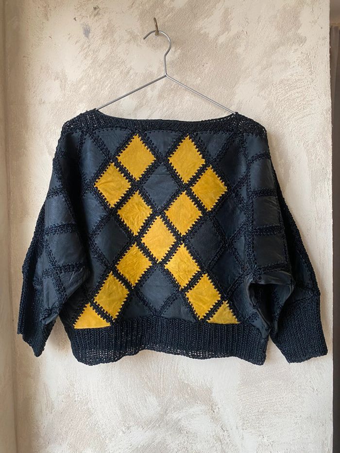 Pull court patchwork en cuir vintage TU - photo numéro 2