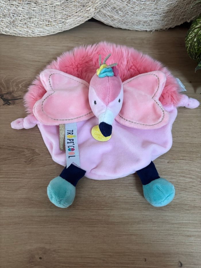 Doudou plat rond flamant rose tropi cool doudou et compagnie