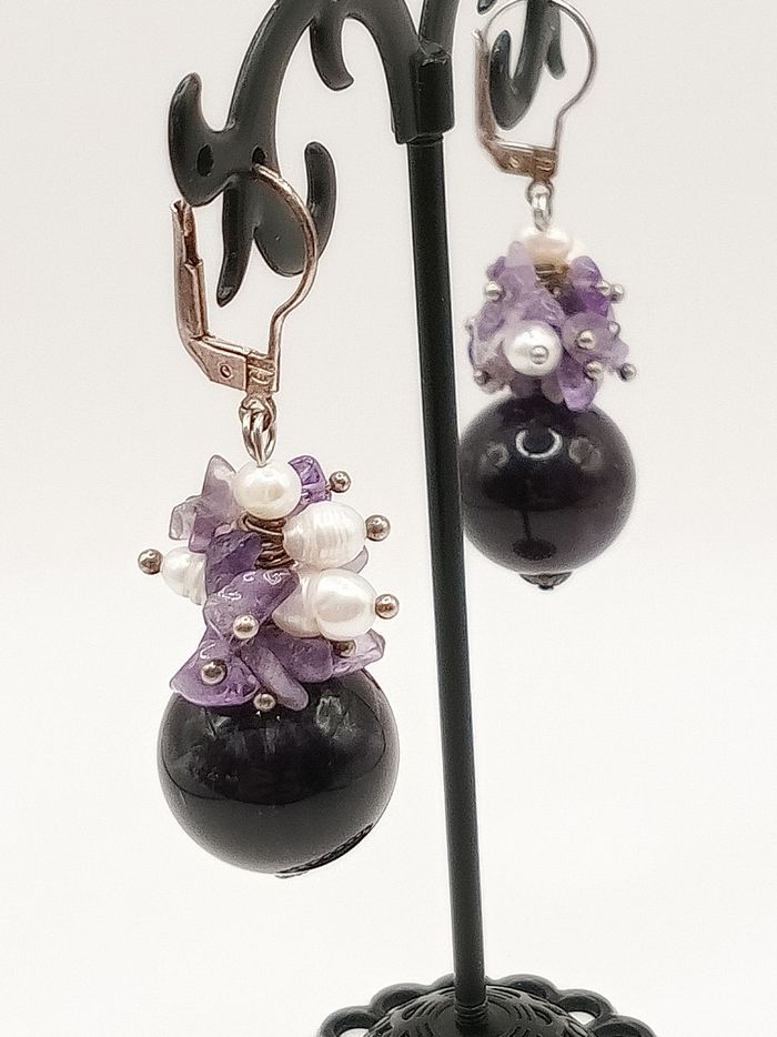 Orecchini pendenti ametista pietra viola perla fiume monachella - photo numéro 2