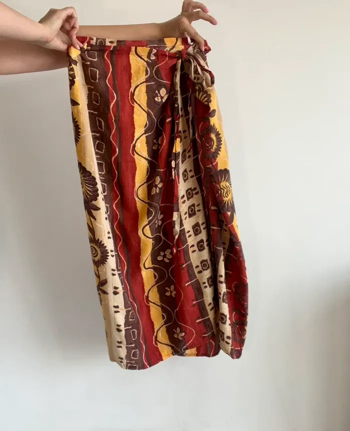 Jupe longue portefeuille rouge jaune à motifs années 90 taille ajustable - photo numéro 8