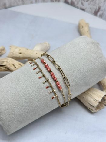 Bracelet en acier inoxydable 3 rangs cristal corail avec chaîne réglable