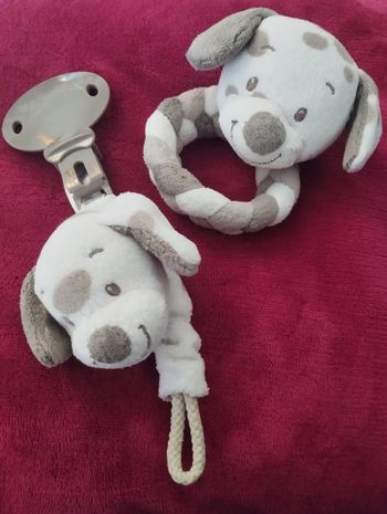 Lot Attache Tétine + Hochet Chien Nattou Accroche Tétine Bébé