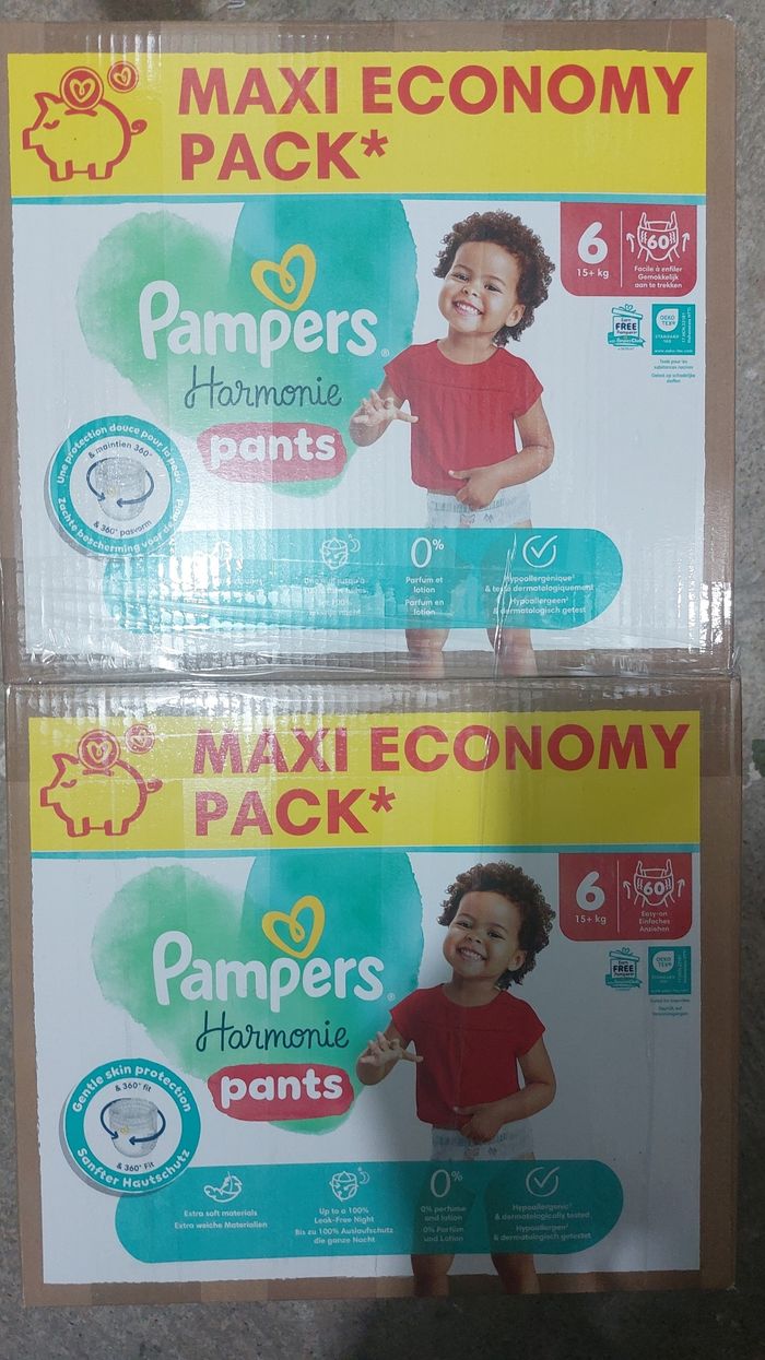 Couche pampers taille 6 pants harmonie 60couche par carton soit 120couche pour 40euro