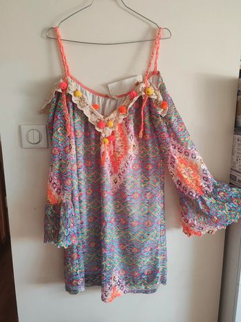 Robe de Plage / Tunique Just M - Maille Colorée & Pompons - NEUF T.L