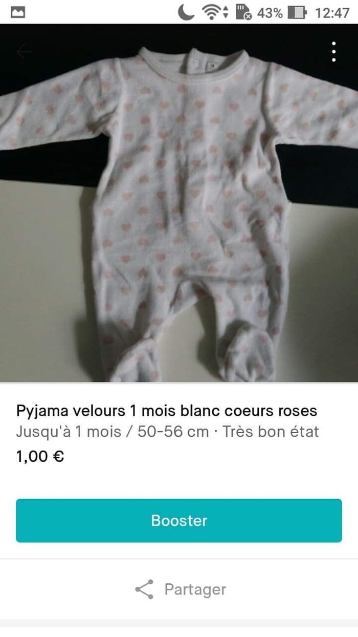 Pyjama velours 1 mois coeurs