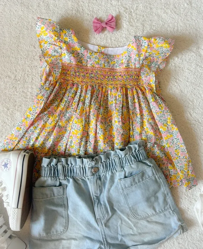 Blouse créatrice smockée et noeud liberty US 8 ans - photo numéro 4