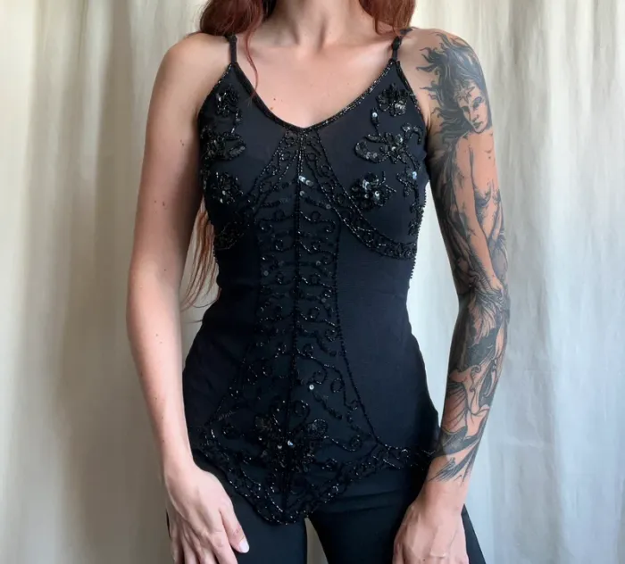 Top vintage sequins perles mesh Iconic Coquette y2k Ibiza - Taille S/M - photo numéro 4
