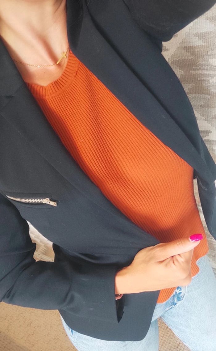 Veste Blazer Caroll bleu marine 38 un bouton poche zip laine, polyester et élasthanne - photo numéro 3