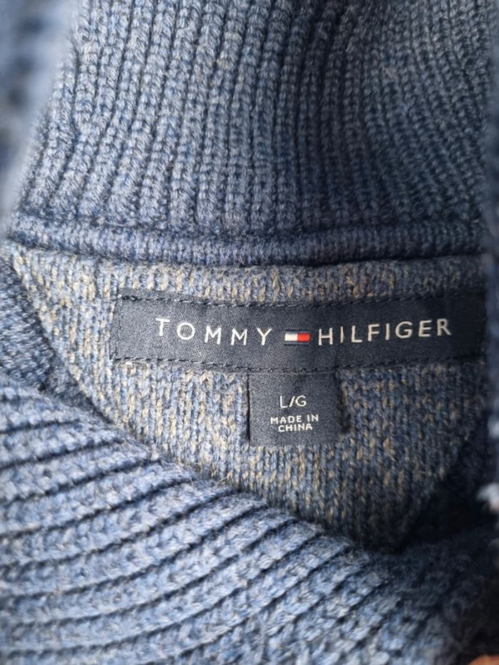 Pull col châle Tommy Hilfiger – Bleu & Gris – Taille L Hommes (mesures en photos) - photo numéro 6