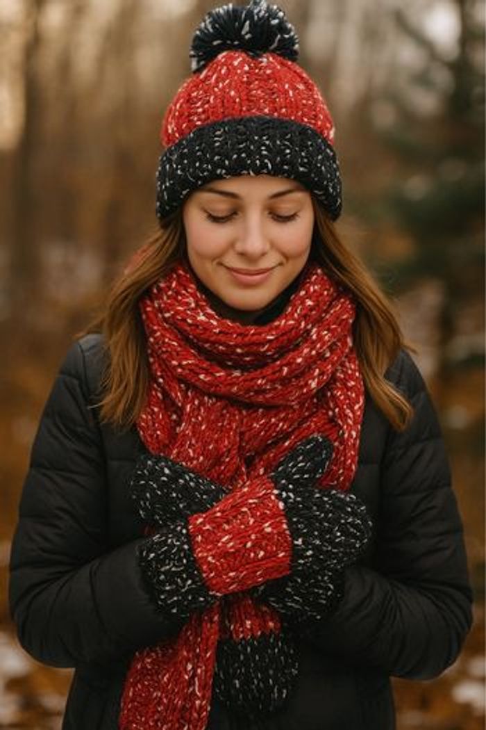 Lot bonnet écharpe moufle Mixte - neuf - tricot - intérieur polaire