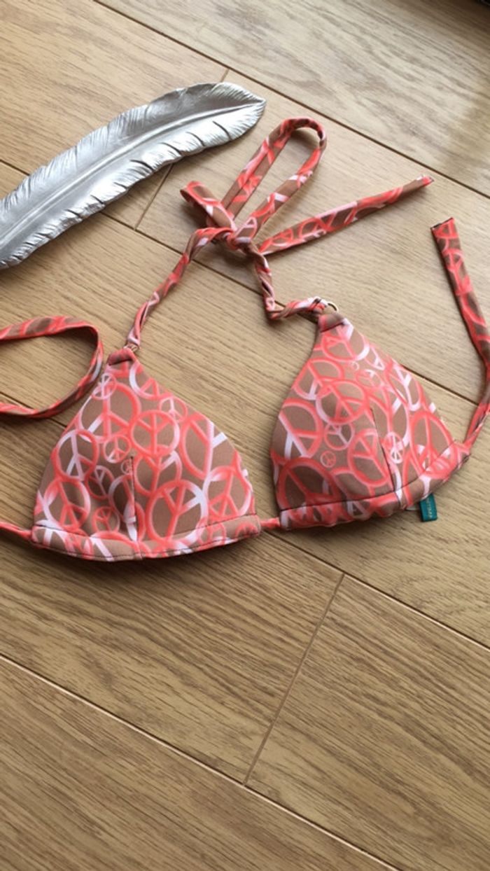 Haut de maillot motifs peace beige et rose taille M