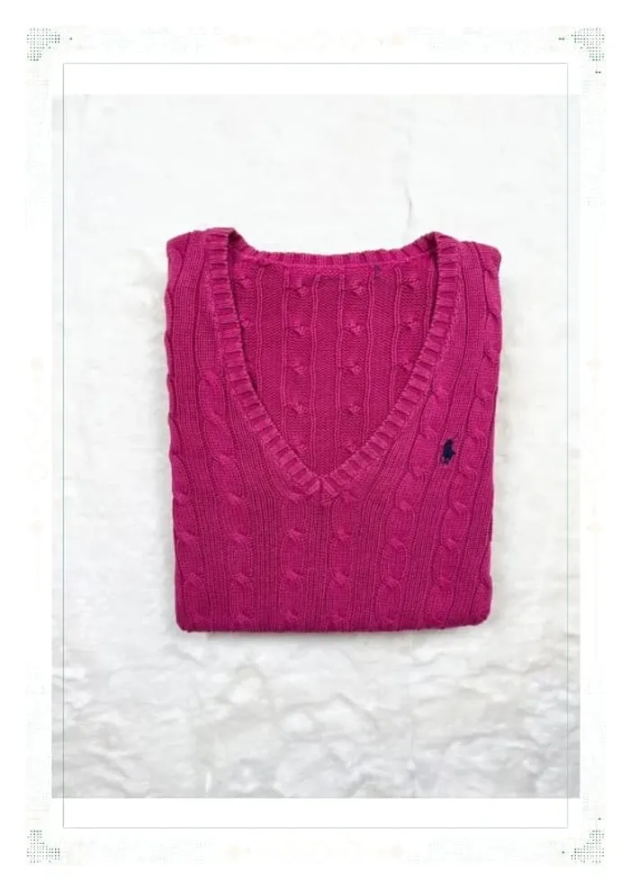 Ralph Lauren pull femme coton torsadé rose col V taille M - photo numéro 12