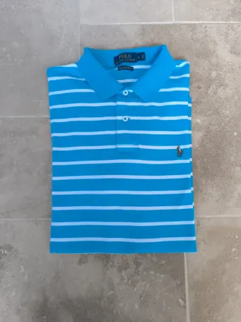 Polo Ralph Lauren homme L pima soft touch bleu clair rayures blanches logo coloré comme neuf