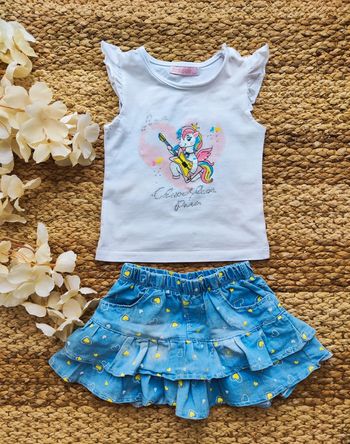 Ensemble tee-shirt manches volantées et jupe style jean 24 mois