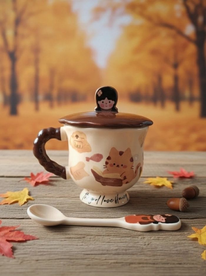 Tasse céramique avec couvercle et cuillère - photo numéro 4