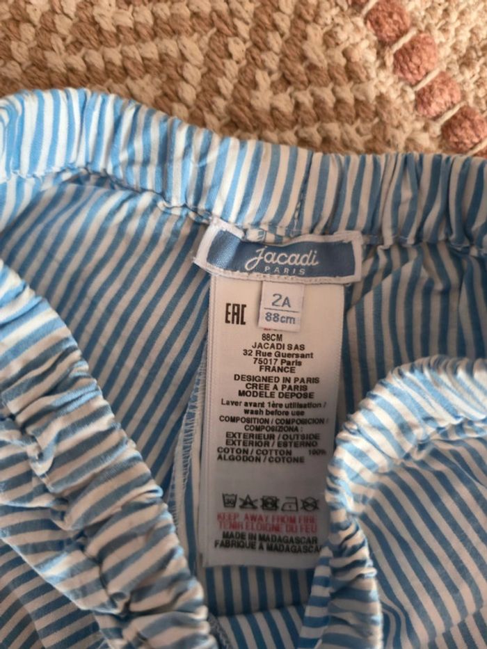 Ensemble jacadi haut et short bleu rayé blanc détail corail 2 ans - photo numéro 5
