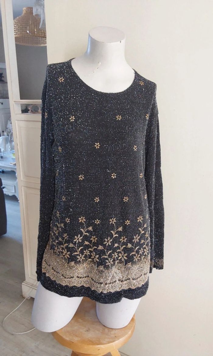Blouse irisée noire et dorée fleuri T 40