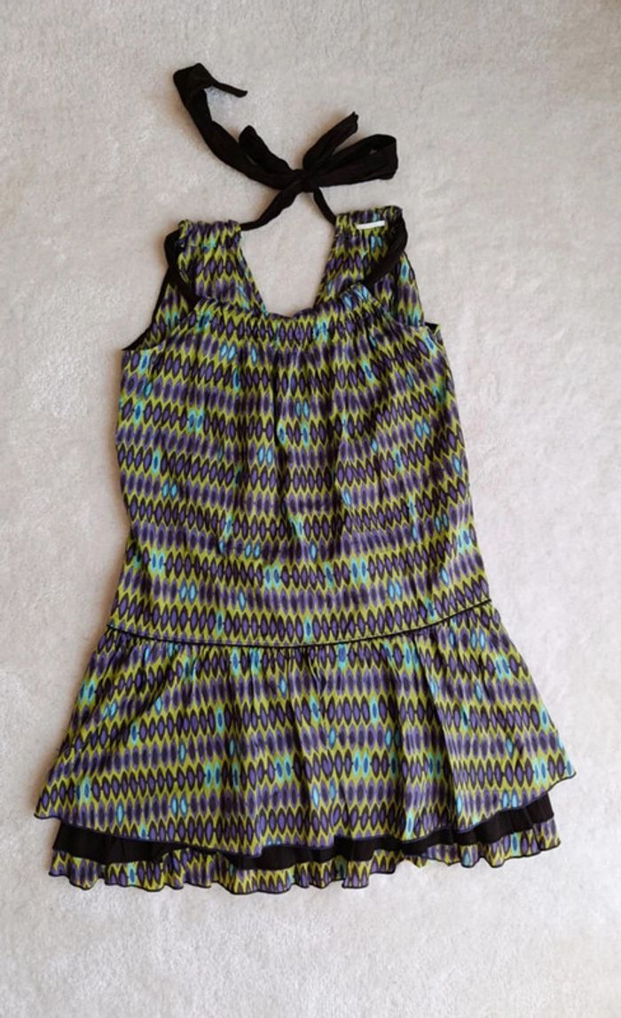 Robe d'été Chattawak 40 violet, marron et vert style hippie 70's 100% coton avec volants - photo numéro 4